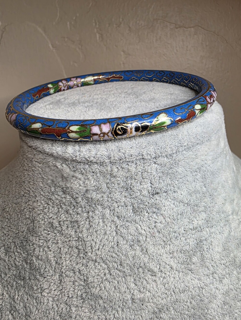 Vintage Blue Cloisonné Floral Metal Bangle Bracelet